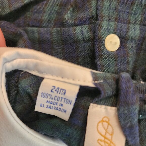 Anavini Boys 24 m Green Navy Plaid Smocked Romper White Peter Pan Collar Duck - Picture 12 of 13